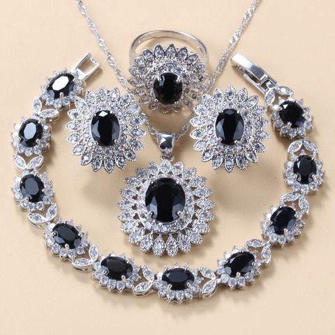 Conjunto de joyas de plata 925 para mujer, accesorios de circonia cúbica negra, Clip de girasol, pendientes, collar, pulsera y anillo ► Foto 1/6