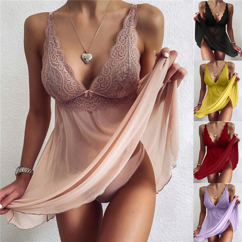 Camisón de encaje con cuello de pico para mujer, lencería Sexy de talla grande 2XL sin mangas, falda de noche con espalda descubierta ► Foto 1/6