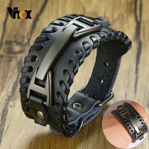 Vnox pulsera ancha de cuero para hombres, Elegante brazalete de cuero genuino con abalorio de metal, pulseras Punk para hombre ► Foto 1/6