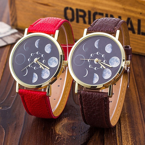 Reloj de pulsera de cuarzo analógico para hombre y mujer, cronógrafo Unisex con esfera redonda, fase lunar, Astronomía espacio, banda de cuero de imitación ► Foto 1/6