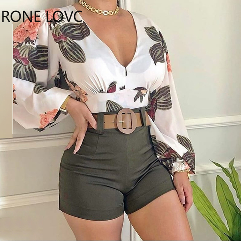 Conjunto de Top y pantalones cortos de manga larga con estampado Tropical para mujer, conjunto de 2 piezas con cuello de pico para primavera ► Foto 1/4