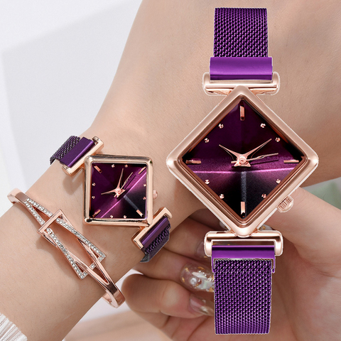 Reloj cuadrado de moda para la cabeza para mujer, banda de aleación, reloj de cuarzo Simple con personalidad para mujer, reloj autocebante con imán ► Foto 1/6