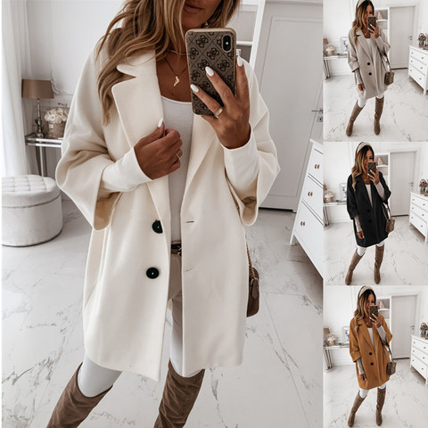 Abrigo de lana con bolsillo con solapa para mujer, abrigo de tres cuartos de manga, dos botones, color blanco, negro, cálido, de felpa, Otoño, 2022 ► Foto 1/6