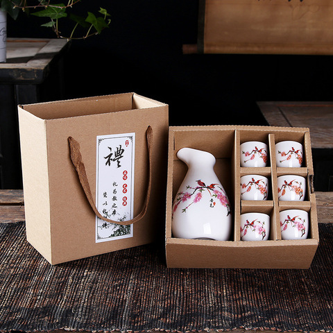 Juego de Sake japonés de 7 piezas, diseño pintado a mano de porcelana, cerámica, tazas de cerámica tradicionales, artesanías, copas de vino, caja de regalo ► Foto 1/6