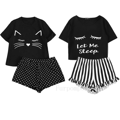 Conjunto de Pijama corto con estampado de gato para mujer, ropa de dormir, camisetas de manga corta y pantalones cortos ► Foto 1/6