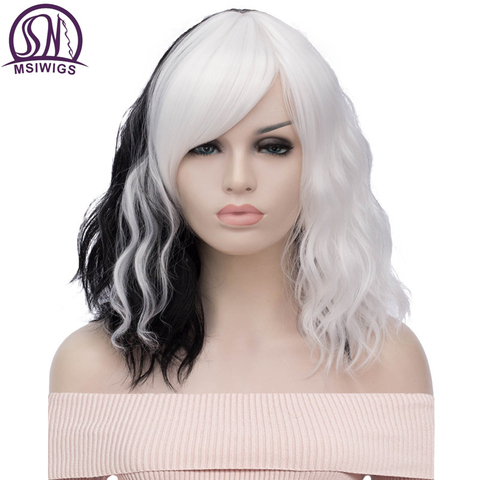 MSIWIGS-Peluca de cabello sintético para mujer, cabellera artificial corto ondulado, resistente al calor, color blanco y negro, púrpura y arcoíris ► Foto 1/6