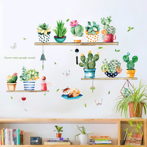 Adhesivo de cactus en maceta para pared, decoración de fondo para dormitorio, sala de estar, TV, sofá, hogar, pegatinas autoadhesivas extraíbles ► Foto 1/6