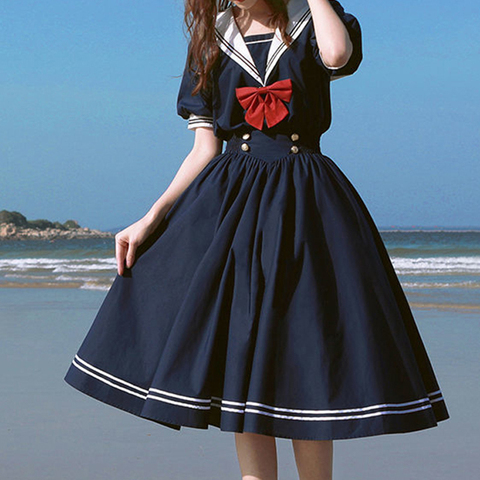 Harajuku marinero Collar vestido azul Marino Japonés Lolita agradable Arco-Nudo chica Retro de algodón Kawaii estilo Preppy de manga larga vestido de las mujeres ► Foto 1/6