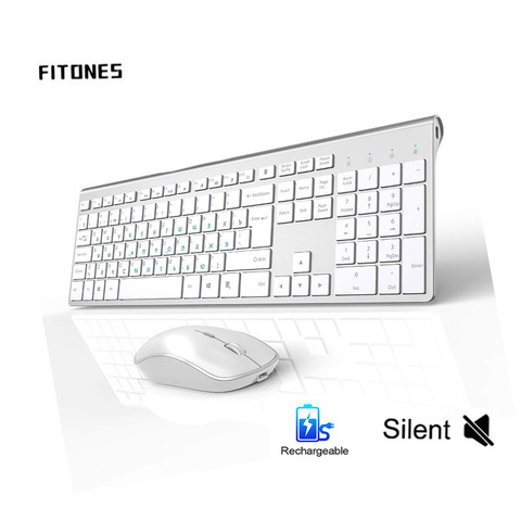 Teclado inalámbrico ruso, diseño ergonómico, ratón recargable, 2400DPI, diseño de silencio inalámbrico conexión estable, blanco plateado ► Foto 1/6