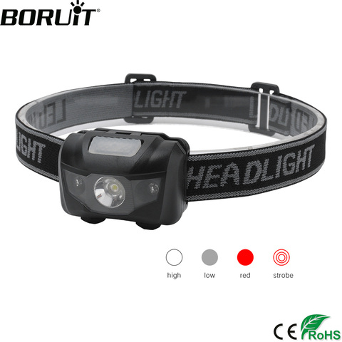 BORUiT-minilinterna de cabeza potente, 3W, luz roja, LED, 4 modos, resistente al agua, para Camping, caza, batería AAA ► Foto 1/6