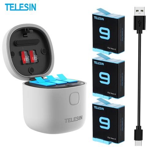 TELESIN-cargador de batería Allin Box para GoPro Hero 9, almacenamiento de carga de batería de 3 canales, paquete de 3 baterías, Kit de accesorios ► Foto 1/6