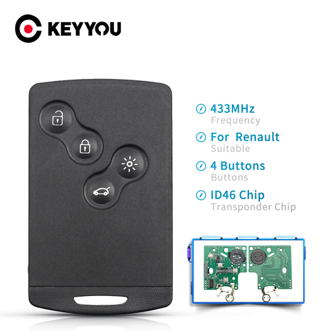 KEYYOU tarjeta inteligente control remoto para Renault Megane Fluence Laguna escénica Clio Captur Koleos 433MHz ID46 PCF7952 Chip 4 botones clave ► Foto 1/6