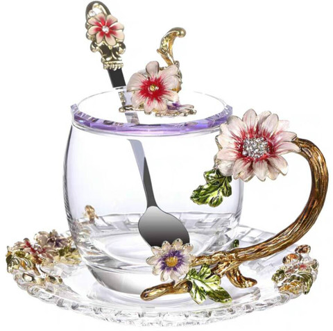 Taza de té esmaltada de alta temperatura, juego de té de flores de cristal resistente a altas temperaturas, taza de desayuno, té de la tarde, hermoso regalo ► Foto 1/6