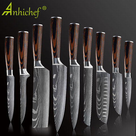 Santoku-cuchillos de Chef profesionales de Juego de cuchillos de cocina, de acero inoxidable, con patrón de imitación de Damasco, para cortar ► Foto 1/6