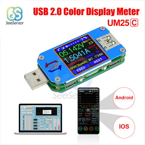 UM24-Medidor de corriente de voltaje UM24C UM25 UM25C UM34 UM34C, USB 2,0, voltímetro LCD Micro USB tipo C, amperímetro, carga de batería, probador USB ► Foto 1/6