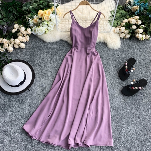 Vestido largo para vacaciones para mujer, vestido cruzado con Espalda descubierta, Color sólido, estilo playero, Sexy, con abertura, Color morado, GD356 ► Foto 1/6