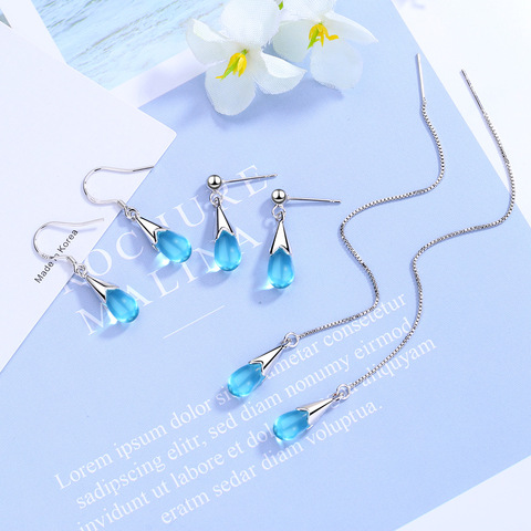 Pendientes de gota de cristal azul para mujer, de Plata de Ley 925, aretes de boda, Pendientes colgantes eh533 ► Foto 1/5