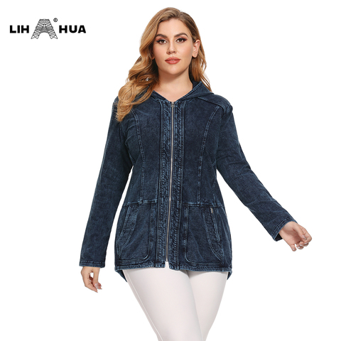 LIH HUA-chaqueta vaquera informal para mujer, de talla grande, con capucha de alta flexibilidad, chaqueta vaquera de punto de algodón ► Foto 1/6