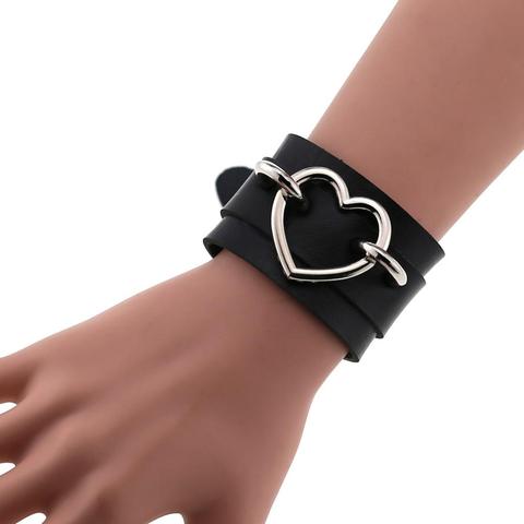 Pulsera de corazón de cuero negro para hombre y mujer, brazalete punk de estilo gótico, Pulseras de Moda, joyería de metal emo para cosplay ► Foto 1/6