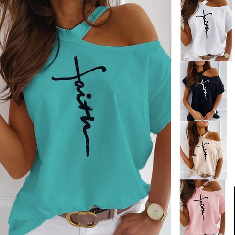 Camiseta de verano con hombros descubiertos para mujer, jerséis con cuello ovalado, de manga corta, informal, camiseta estilo urbano ► Foto 1/6