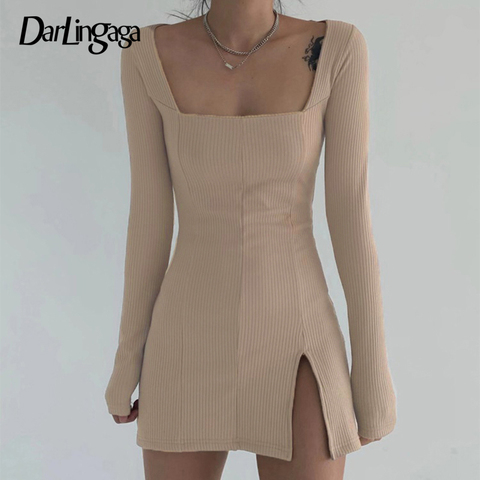 Darlingaga-vestido negro de punto con cuello cuadrado para mujer, vestido ceñido dividido de manga larga, minivestido básico ► Foto 1/6