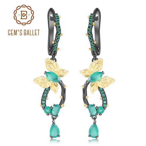 GEM'S BALLET-pendientes de plata de ley 925 hechos a mano con mariposa, elegantes aros colgantes de Gema Natural, piedra Ágata verde, para fiesta ► Foto 1/6