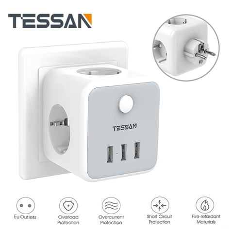 TESSAN-enchufe de pared de la Unión Europea, Regleta de alimentación con 3 salidas de Ca + 3 adaptadores de cargador USB, protección de sobrecarga, interruptor de encendido/apagado 6 en 1 ► Foto 1/6