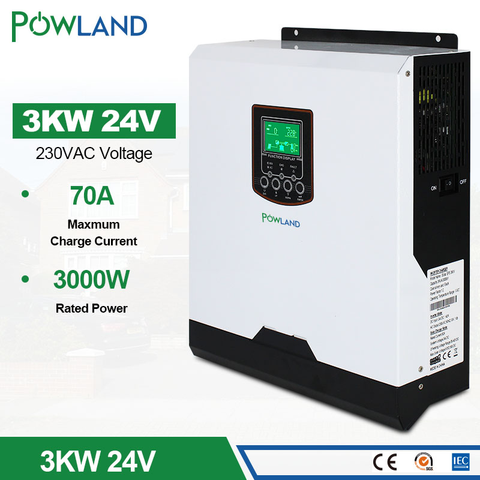 Inversor híbrido solar de inversión de onda sinusoidal pura, dispositivo con cargador y batería PMW, 3000VA, 3000W, 24V, 230VAC, 50Hz/60Hz, PWM ► Foto 1/6