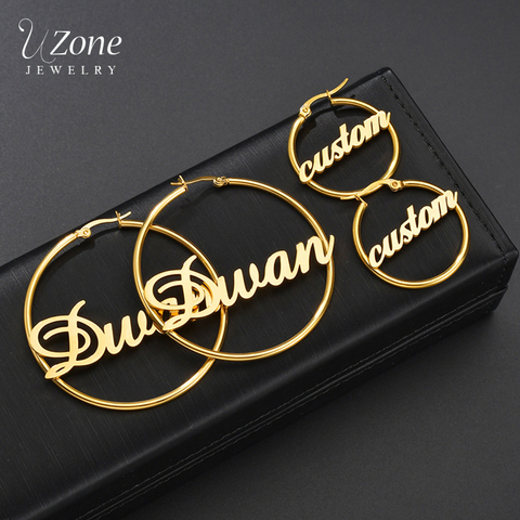 UZone-pendientes de aro de acero inoxidable con nombre personalizado para mujer y niña, aretes circulares con letras personalizadas, joyería para fiesta de cumpleaños, 1 par ► Foto 1/6