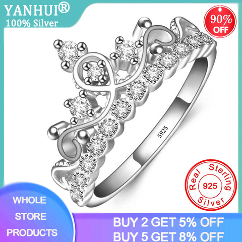 YANHUI Original anillo 100% de plata esterlina 925 Corona Encantada anillos abiertos moda claro brillo CZ Tiara anillos tamaño ajustable R029 ► Foto 1/6