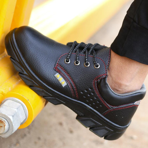 Zapatos de seguridad con punta de acero para hombre, botas de trabajo con suela de acero, de cuero, a la moda, color negro ► Foto 1/6