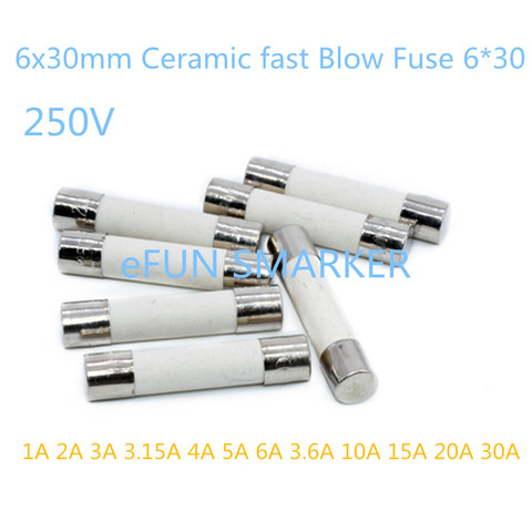 6x30mm de cerámica rápido fusible 6*30 0.5A 1A 1.5A 2A 2.5A 3A 3.15A 4A 5A 6A 7A 8A 10A 12A 15A 20A 25A 30A 250v fusibles de tubo de cerámica ► Foto 1/1