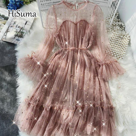 HISUMA novedad de verano de Primavera de mujer con cuello redondo estrellas malla de lentejuelas brillante vestido de hadas mujeres elegante bling gasa princesa puff vestidos ► Foto 1/6