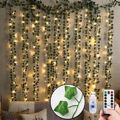 Plantas artificiales con LED para decoración del hogar, guirnalda de hiedra falsa para sala de estar, hoja de vid colgante de seda y mimbre, 12 unidades ► Foto 1/6