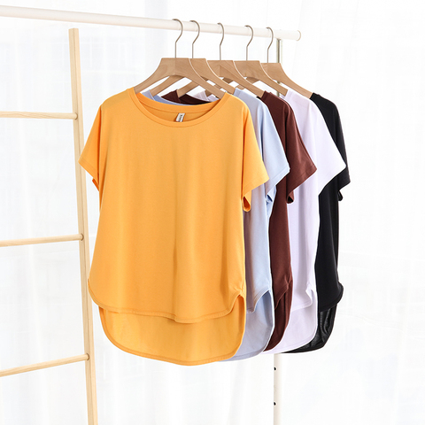 Camiseta holgada informal de algodón para mujer, de 100%, de manga corta para verano, camiseta asimétrica con cuello redondo para mujer M30326 ► Foto 1/6