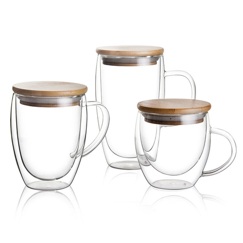 Vaso de cristal para bebidas, soporte para tazas de café, té, con tapa, tazas de pared doble, 250ml/350ml/450ml ► Foto 1/5