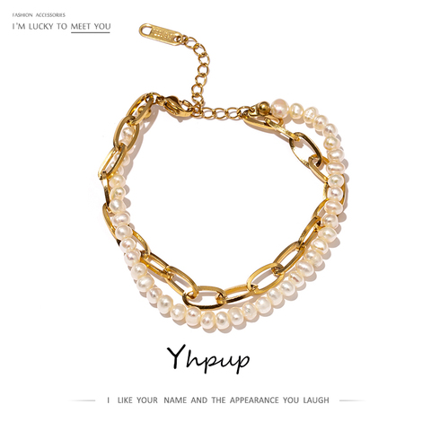 Yhpup-pulsera de doble capa de perlas naturales de acero inoxidable de 18 K para mujer, joyería elegante, brazalete de cadena de Metal, regalo 2022 ► Foto 1/6