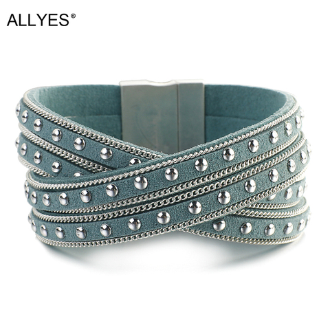 ALLYES-pulsera de cuero con remaches multicapa para mujer, brazalete cruzado, envoltura ancha, joyería para mujer ► Foto 1/6