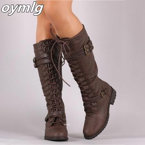 Botas de nieve hasta la rodilla para mujer, zapatos planos con cordones, con hebilla Retro Steampunk, para Otoño e Invierno ► Foto 1/1