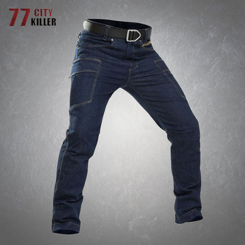 Pantalones vaqueros elásticos para hombre, pantalón táctico resistente al desgaste, impermeable, informal, con múltiples bolsillos, Color sólido, para correr ► Foto 1/6