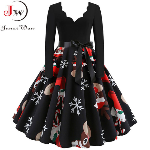 Vestido de Navidad de talla grande para mujer, ropa de manga larga Vintage elegante con cuello de pico con estampado de gran Swing para fiesta de Navidad Año nuevo e invierno S ~ 3XL ► Foto 1/6