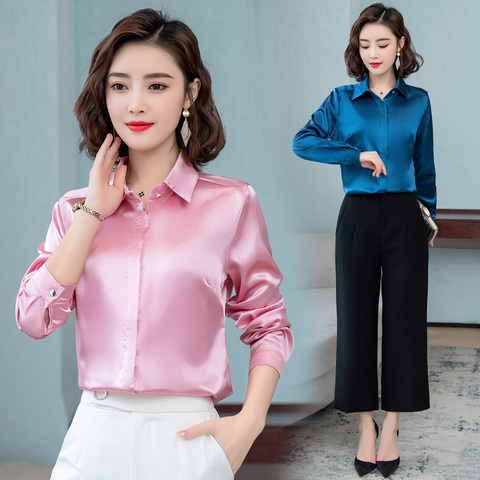 Blusa femenina de seda satinada con botones ocultos y manga larga, camisa elegante de oficina para mujer, blusa básica brillante ► Foto 1/6