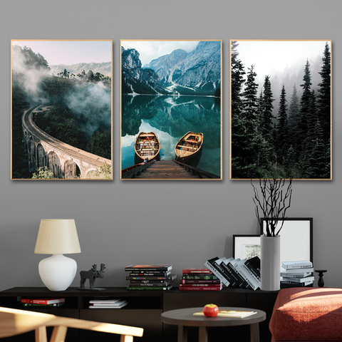 Cuadro de paisaje natural abstracto geométrico para decoración de sala de estar, póster de lienzo nórdico impreso de bosque brumoso, lago, barco ► Foto 1/6