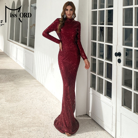 Missord mujer Otoño Invierno elegante cuello alto vestido de lentejuelas Vestido de manga larga vestido Maxi Bodycon Mujer Vestidos de Fiesta M0649-2 ► Foto 1/6