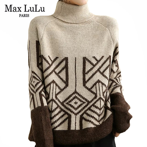 Max LuLu 2022 estilo a la moda coreana, ropa cálida para mujer, cuello alto holgado jerséis estampados, jerséis de punto Vintage informales ► Foto 1/6