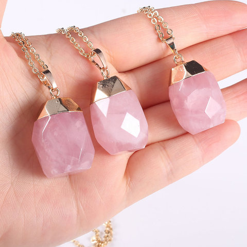 Colgante de piedra de Cuarzo Rosa Natural para mujer, collar de cristal rosa, cadena de Metal de aleación, caja de joyería, regalos ► Foto 1/6