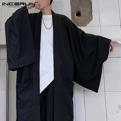 Chaqueta negra informal de punto abierto para hombre, prendas de vestir, gabardina de manga larga, abrigos largos de estilo japonés, Tops Yukata, 2022 ► Foto 1/6