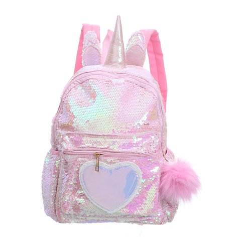 Mochila deslumbrante con lentejuelas y forma de bola de pelo de unicornio para niños, bolso escolar, mochila de viaje, 1 unidad ► Foto 1/6