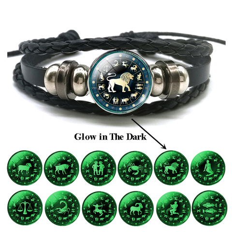 Pulsera luminosa al por mayor 12 signo del zodiaco Leo Libra Sagitario Capricornio Aquarius pulsera de cuero trenzado joyería que brilla en la oscuridad ► Foto 1/6