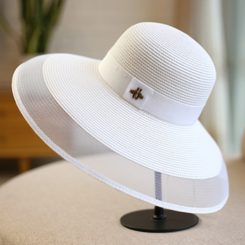 Sombrero de paja de ala ancha para mujer, sombrero de paja de ala ancha, gorro de Sol de ala ancha, sombreros plegables de playa de abeja, sombreros ajustables 2022 ► Foto 1/5